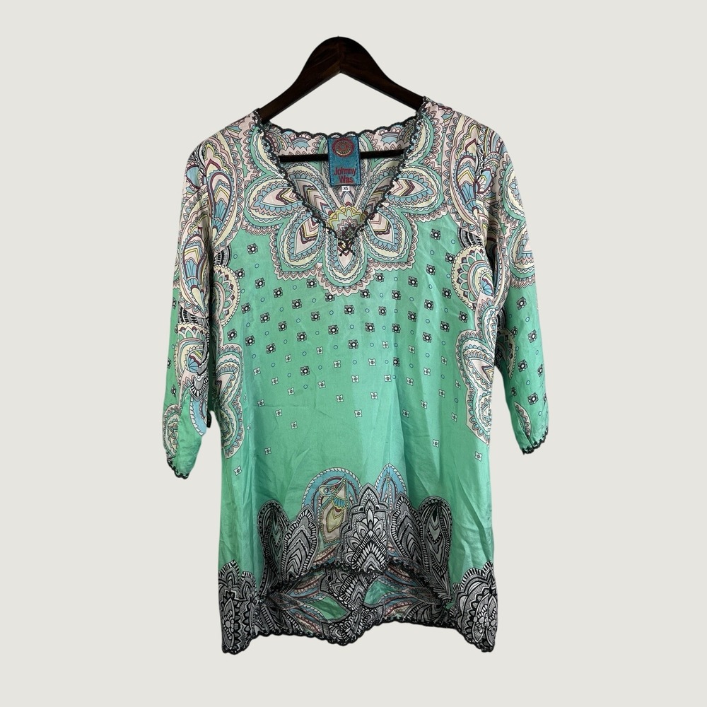 Johnny Was Tunic Women XS Mint‎ Green Silk Paisley Boho V-Neck 3/4 Sleeve Top